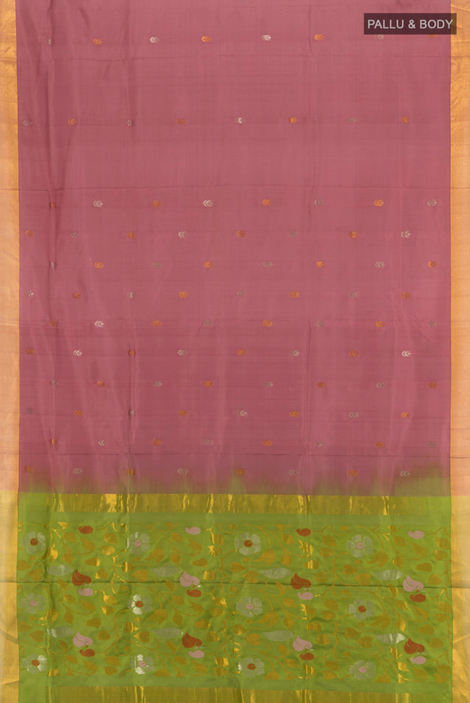 Flat view of Pure Silk Pure Zari Bronze Soft Saree with Zari Butta on the body and Silk Border. 