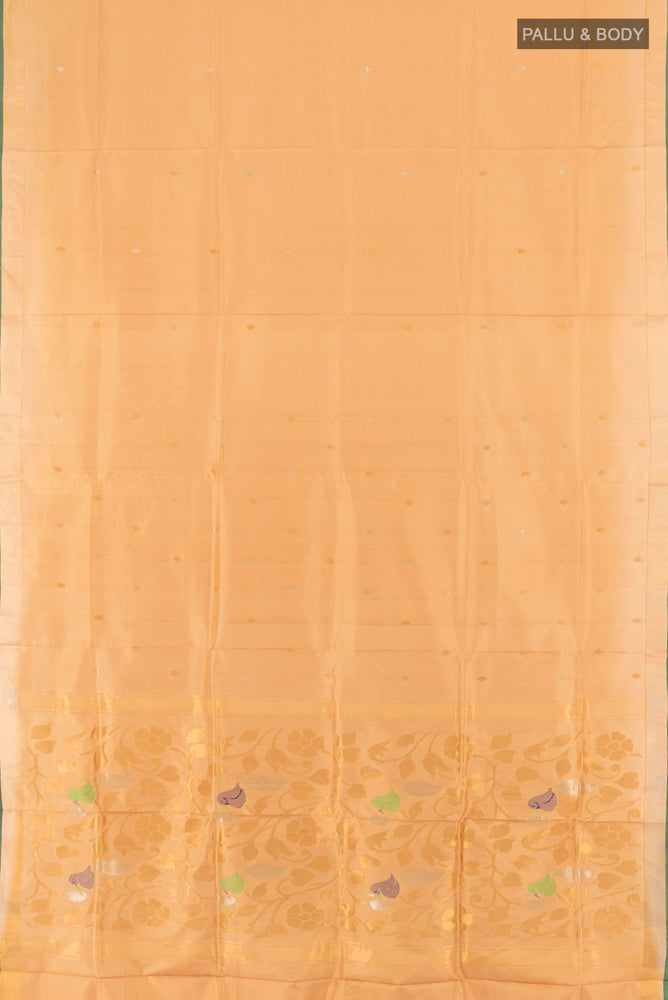 Flat view of Beige Uppada Silk Saree with Zari Butta on the body and Silk Border. 