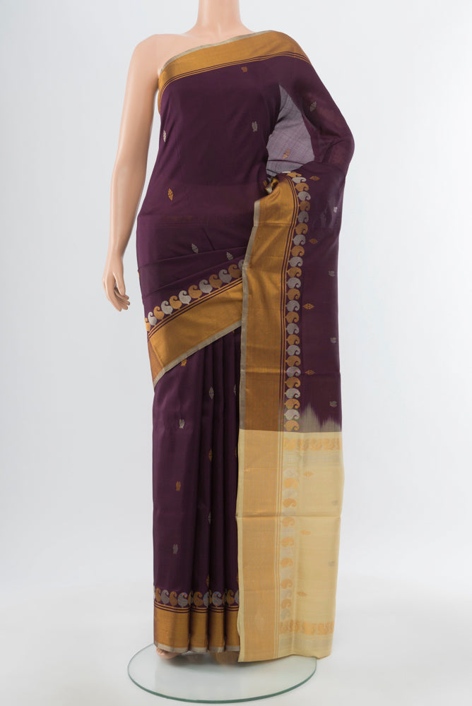 Coffee Brown Uppada Silk Saree with Zari Butta on the body and Silk Border.  displayed on a mannequin