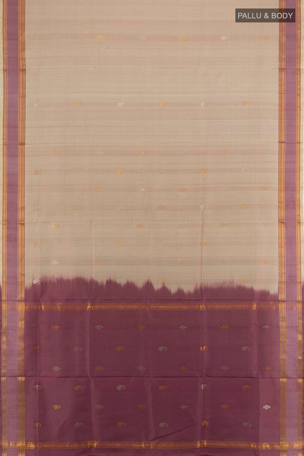 Flat view of Brown Uppada Silk Saree with Zari Butta on the body and Silk Border. 