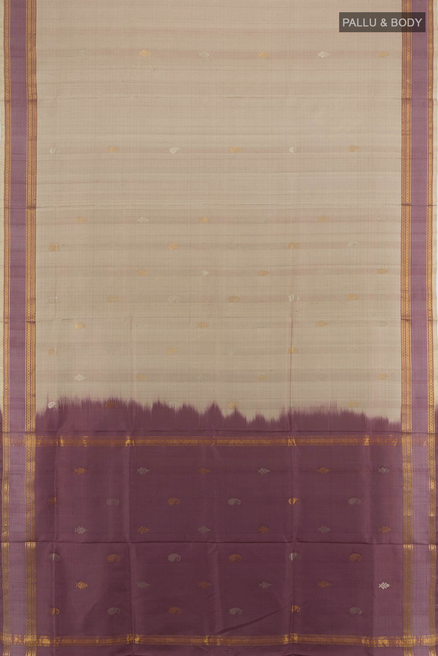 Flat view of Brown Uppada Silk Saree with Zari Butta on the body and Silk Border. 