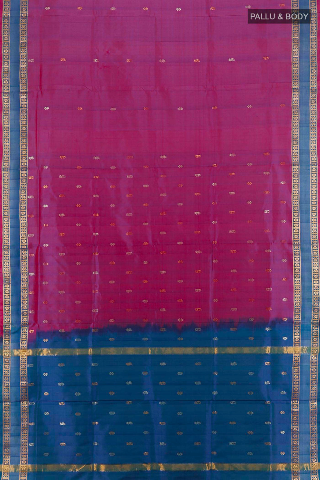 Flat view of Purple Uppada Silk Saree with Zari Butta on the body and Silk Border. 