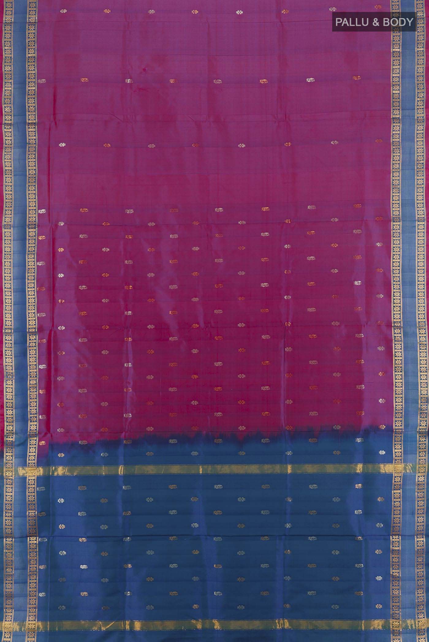 Flat view of Purple Uppada Silk Saree with Zari Butta on the body and Silk Border. 