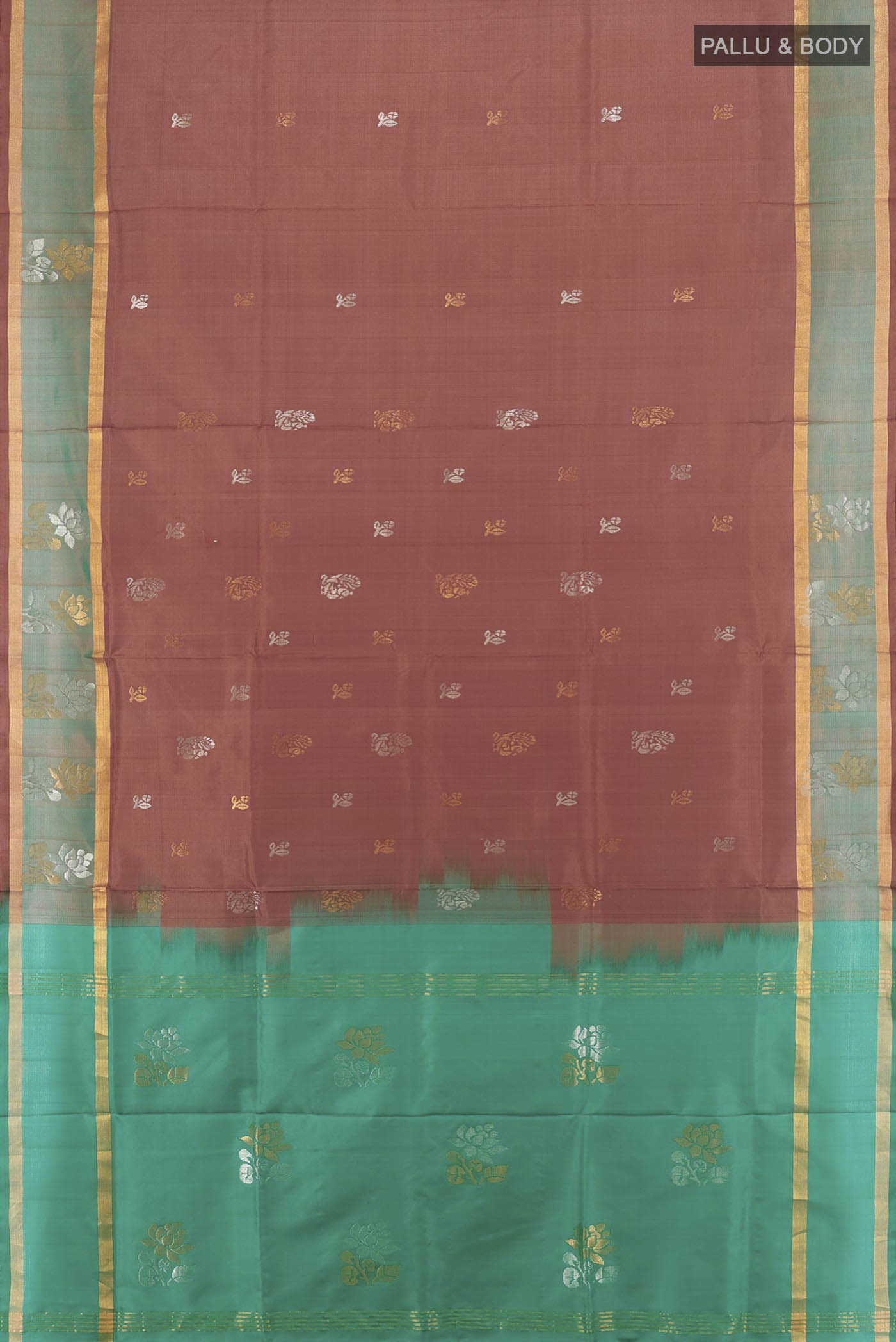 Flat view of Brown Uppada Silk Saree with Zari Butta on the body and Silk Border. 