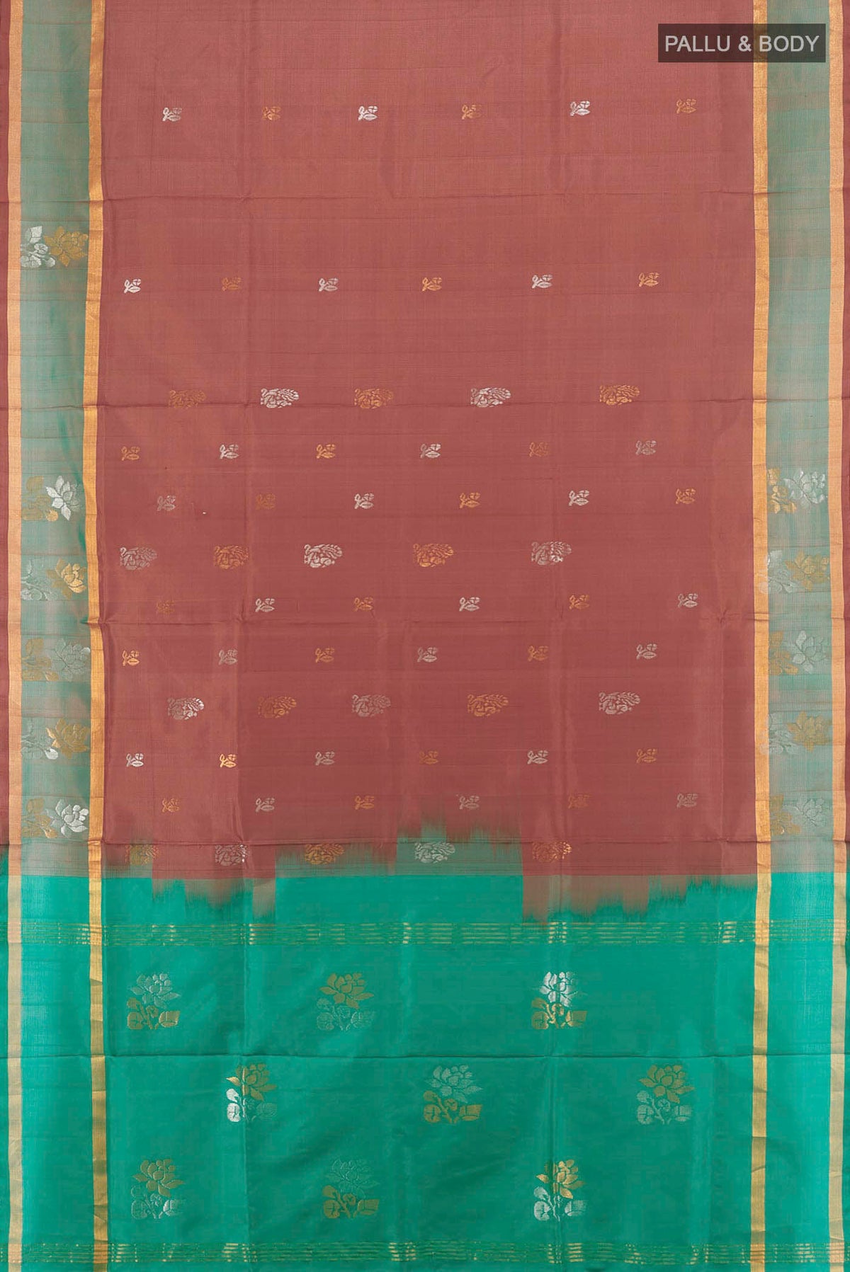 Flat view of Brown Uppada Silk Saree with Zari Butta on the body and Silk Border. 