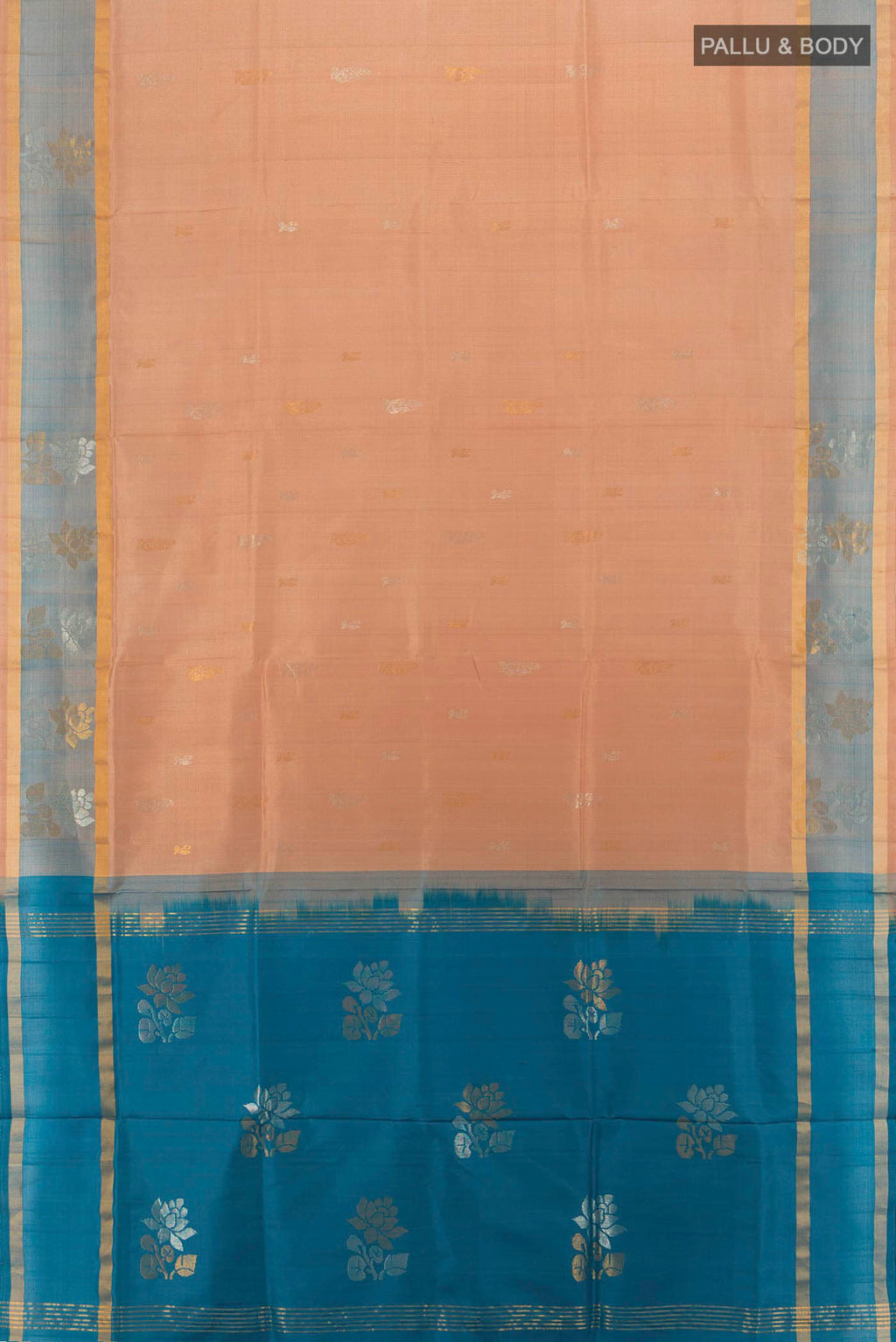 Flat view of Beige Uppada Silk Saree with Zari Butta on the body and Silk Border. 