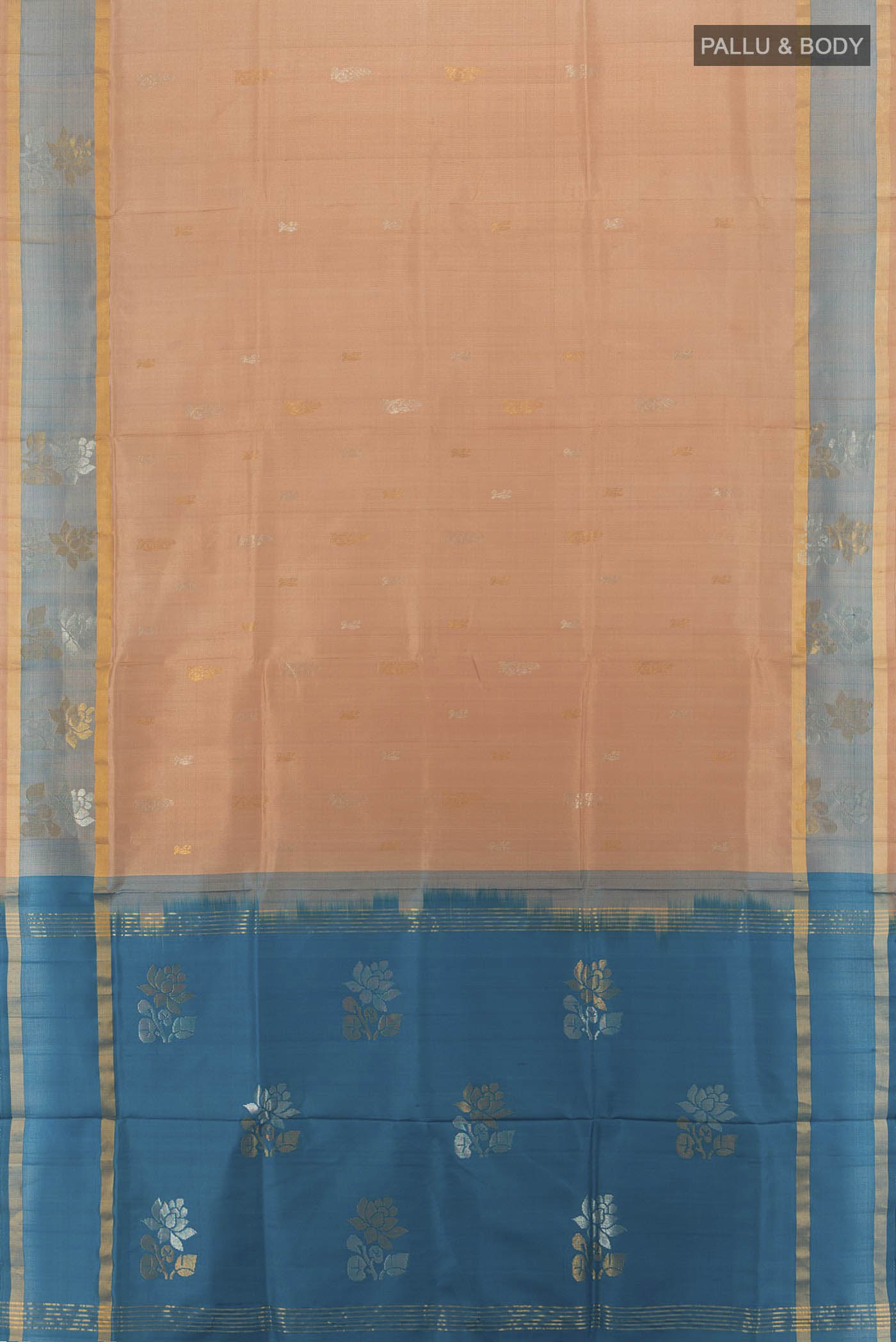 Flat view of Beige Uppada Silk Saree with Zari Butta on the body and Silk Border. 