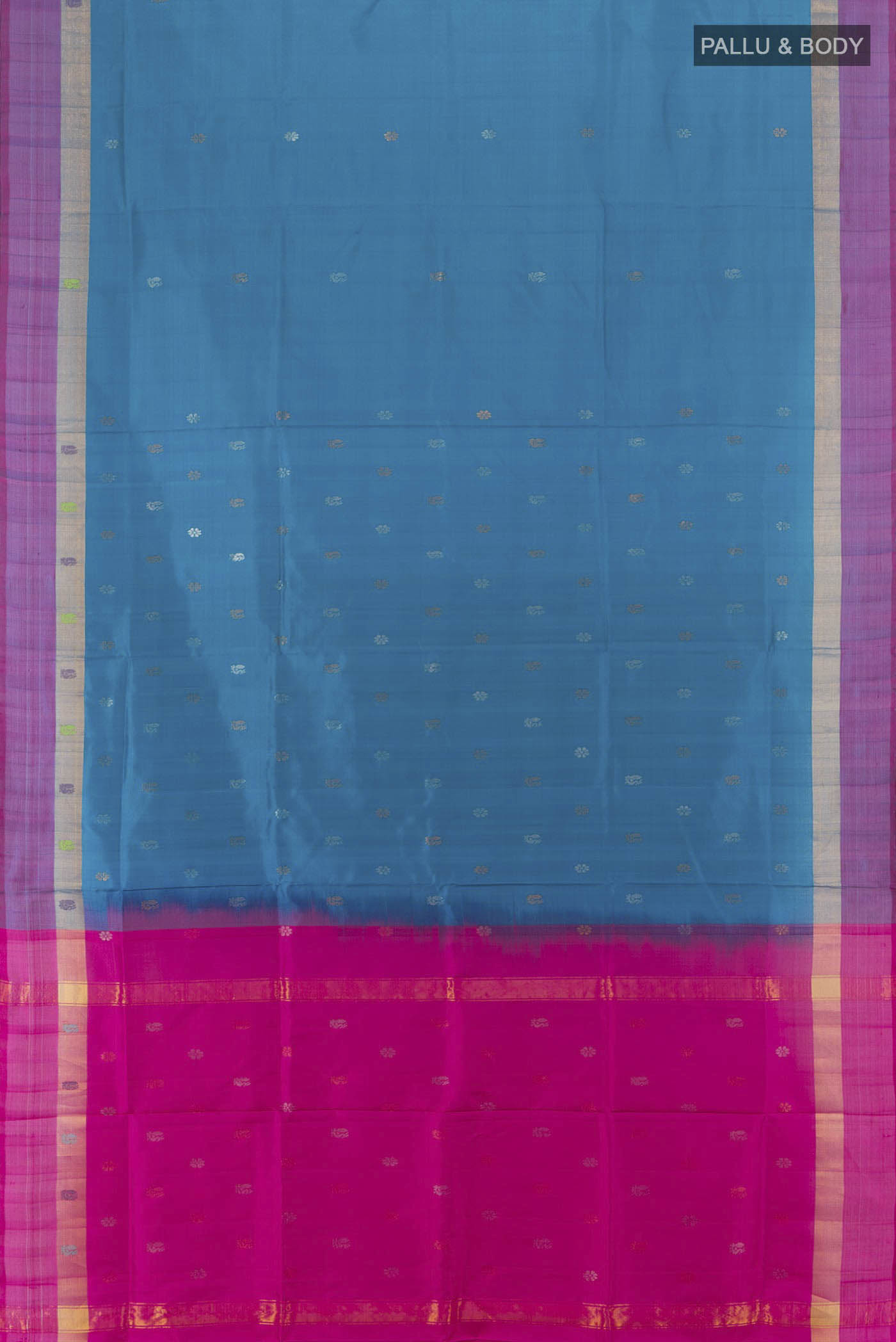 Flat view of Dark Blue Uppada Silk Saree with Zari Butta on the body and Silk Border. 