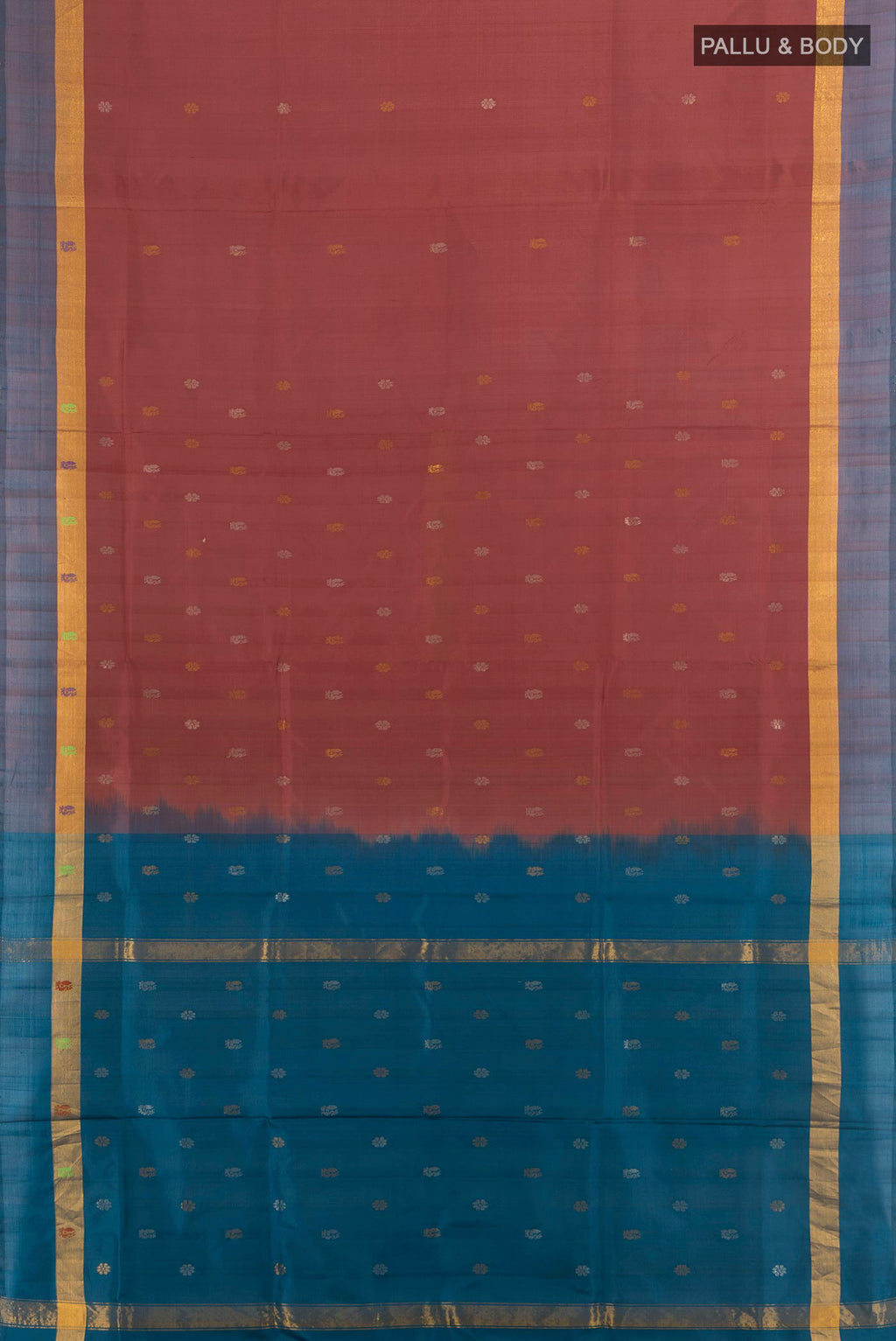 Flat view of Pure Silk Brown Uppada Saree with Zari Butta on the body and Zari Border. 