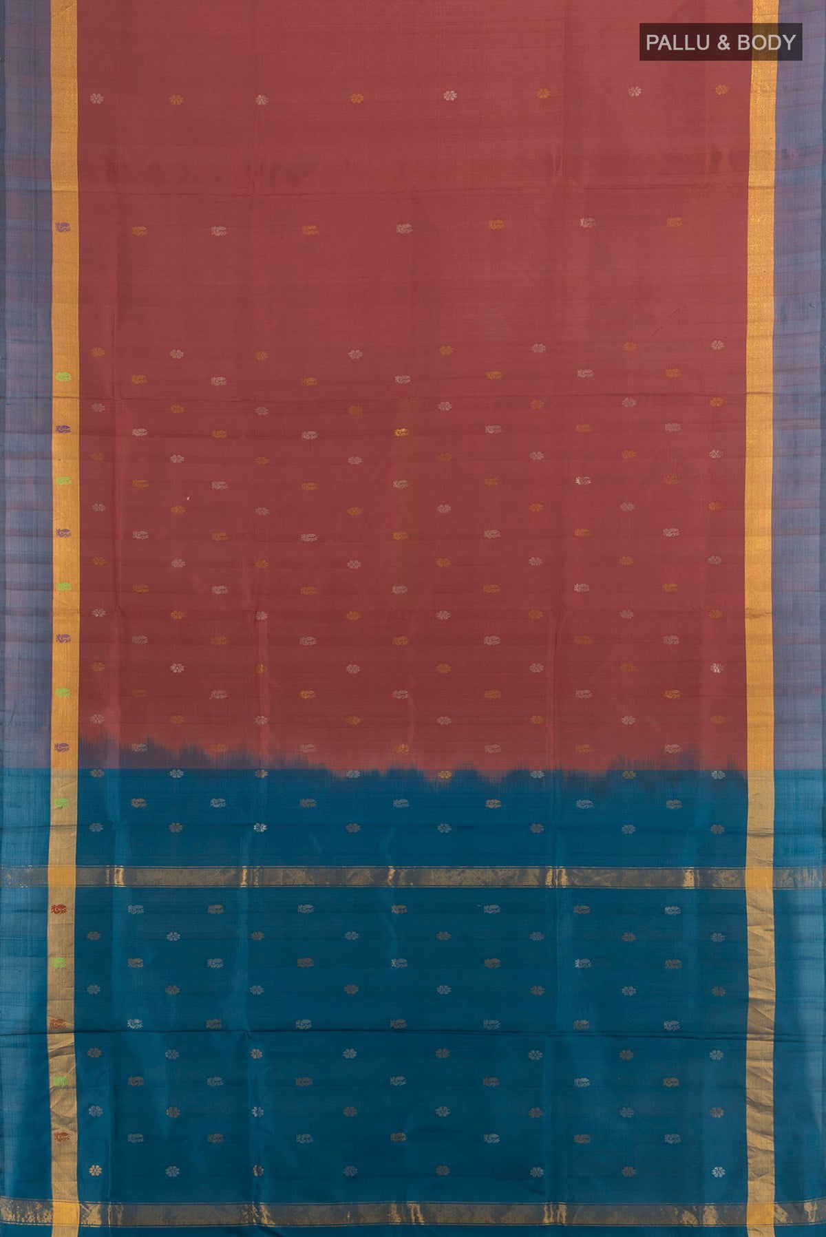 Flat view of Pure Silk Brown Uppada Saree with Zari Butta on the body and Zari Border. 