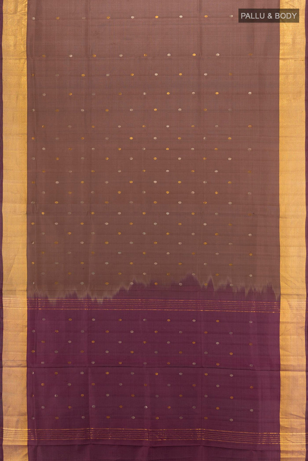 Flat view of Coffee Brown Uppada Silk Saree with Zari Butta on the body and Silk Border. 
