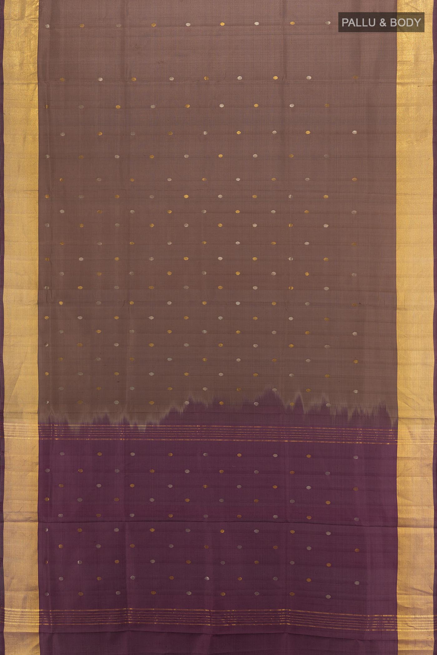 Flat view of Coffee Brown Uppada Silk Saree with Zari Butta on the body and Silk Border. 