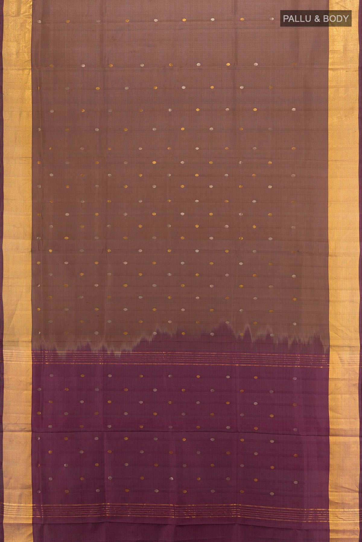 Flat view of Coffee Brown Uppada Silk Saree with Zari Butta on the body and Silk Border. 