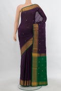 Navy Blue Uppada Silk Saree with Zari Butta on the body and Silk Border.  displayed on a mannequin