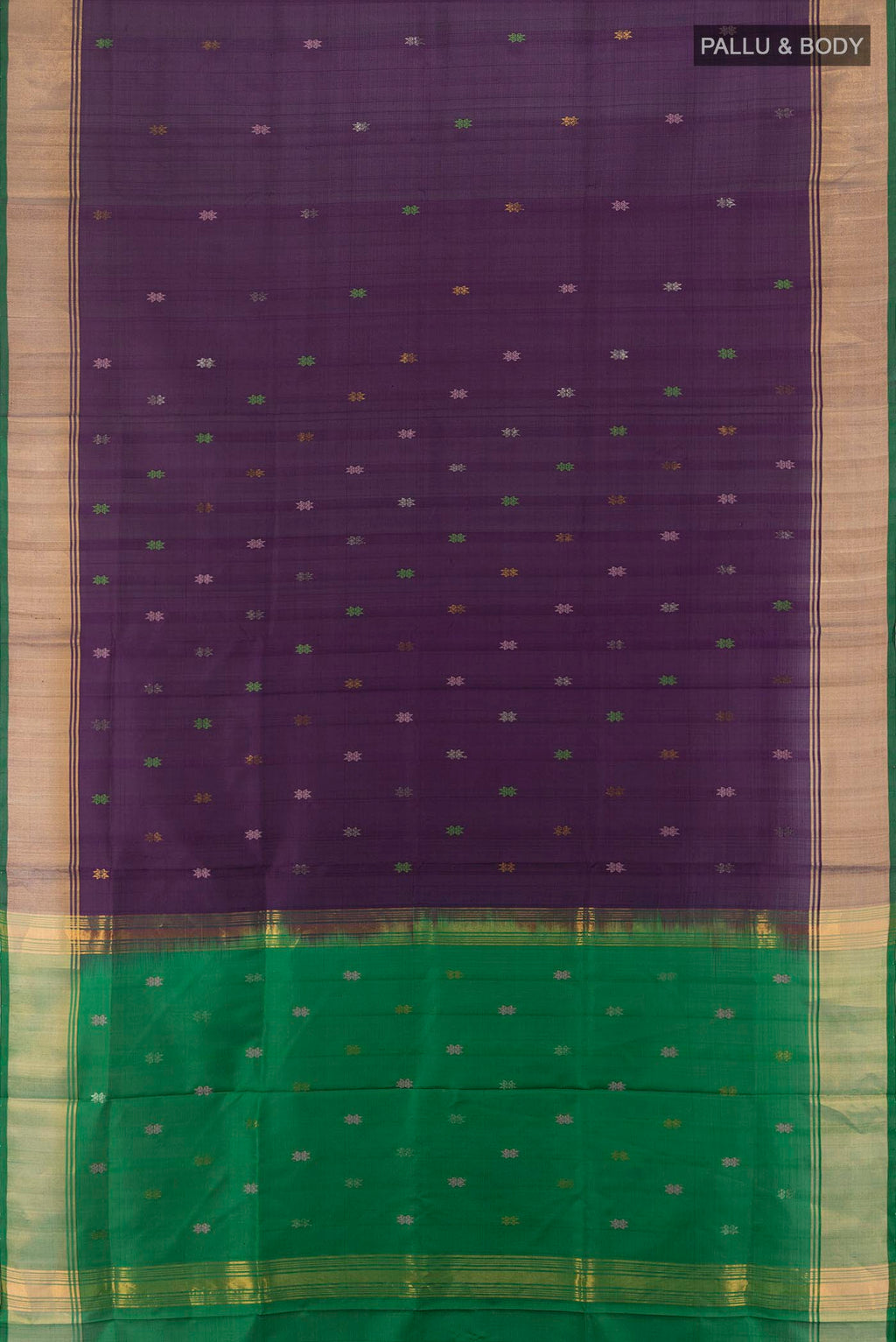 Flat view of Navy Blue Uppada Silk Saree with Zari Butta on the body and Silk Border. 