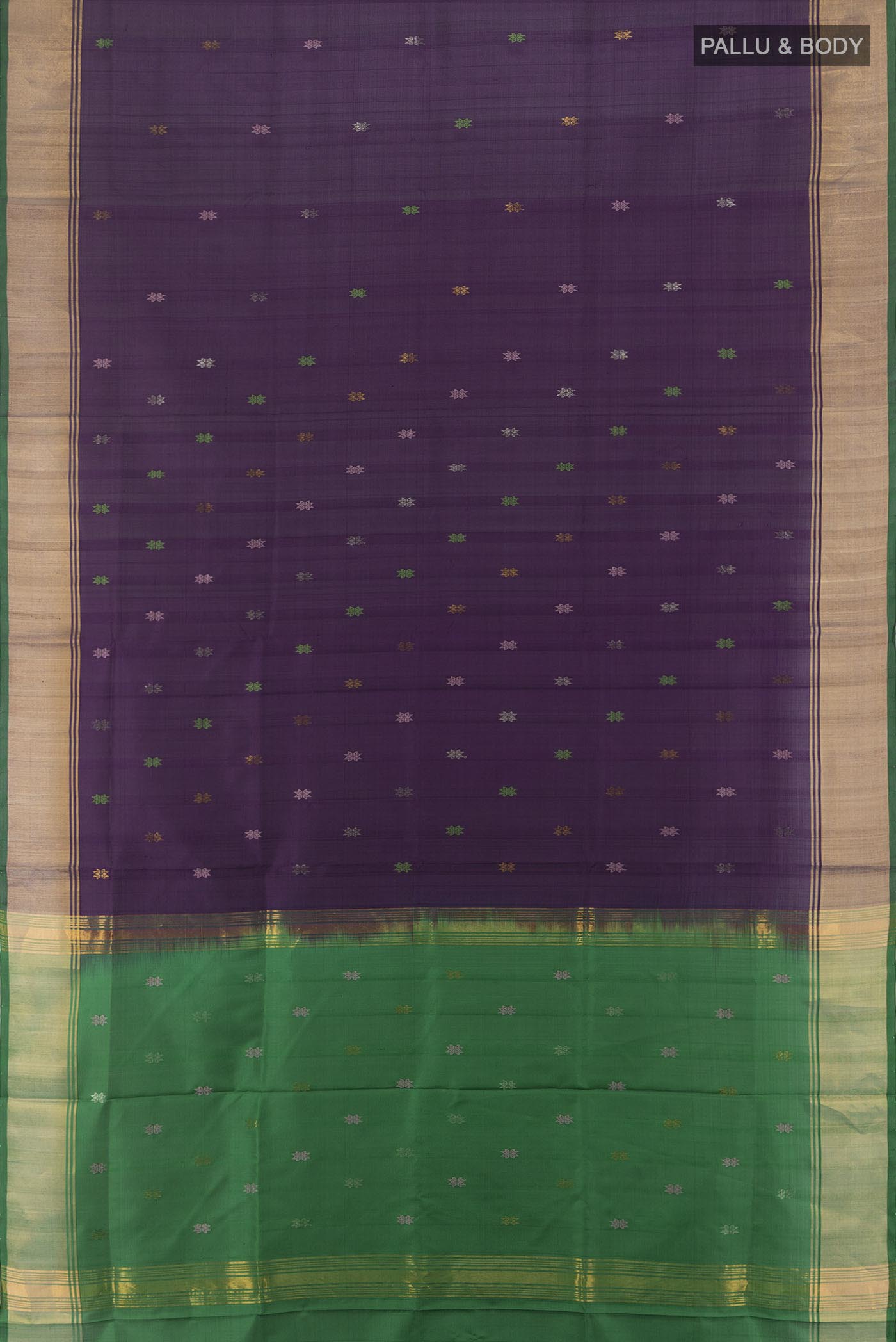 Flat view of Navy Blue Uppada Silk Saree with Zari Butta on the body and Silk Border. 