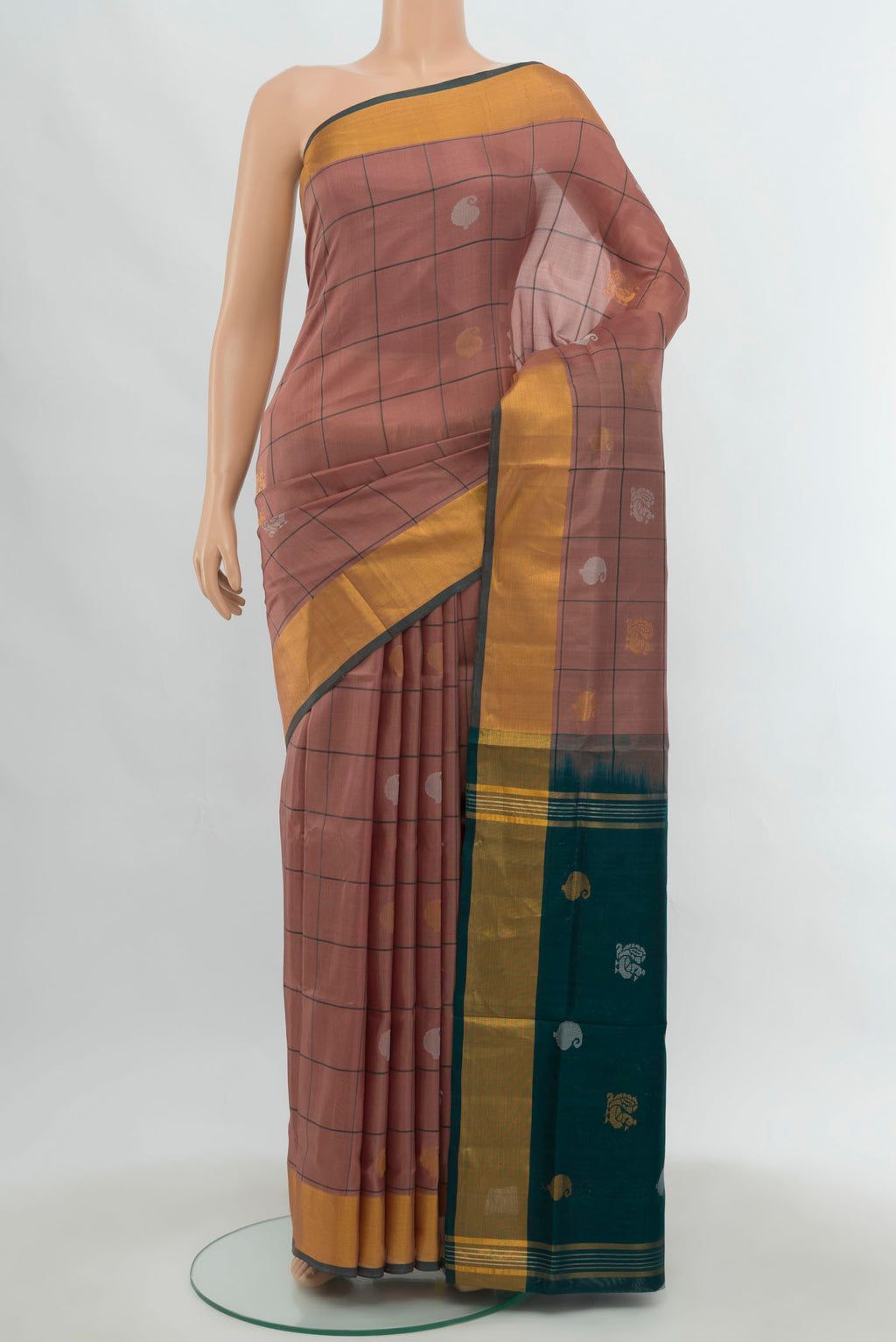 Dark Beige Uppada Silk Saree with Zari Butta on the body and Silk Border.  displayed on a mannequin