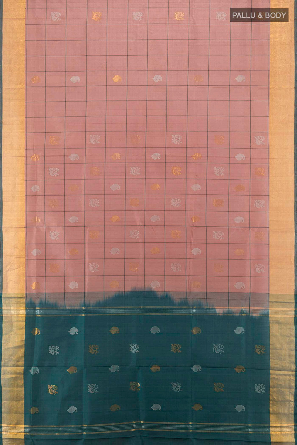 Flat view of Dark Beige Uppada Silk Saree with Zari Butta on the body and Silk Border. 