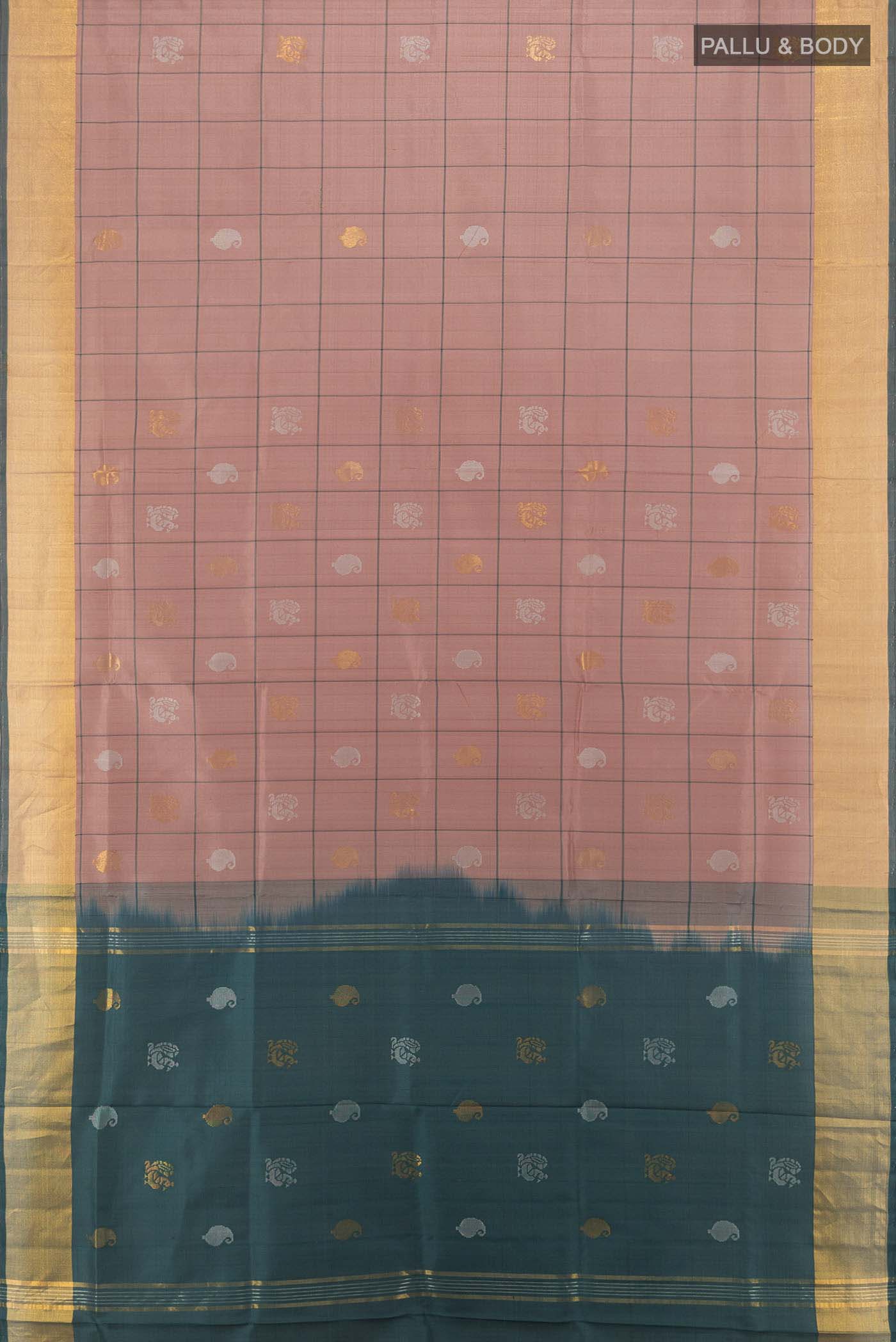 Flat view of Dark Beige Uppada Silk Saree with Zari Butta on the body and Silk Border. 