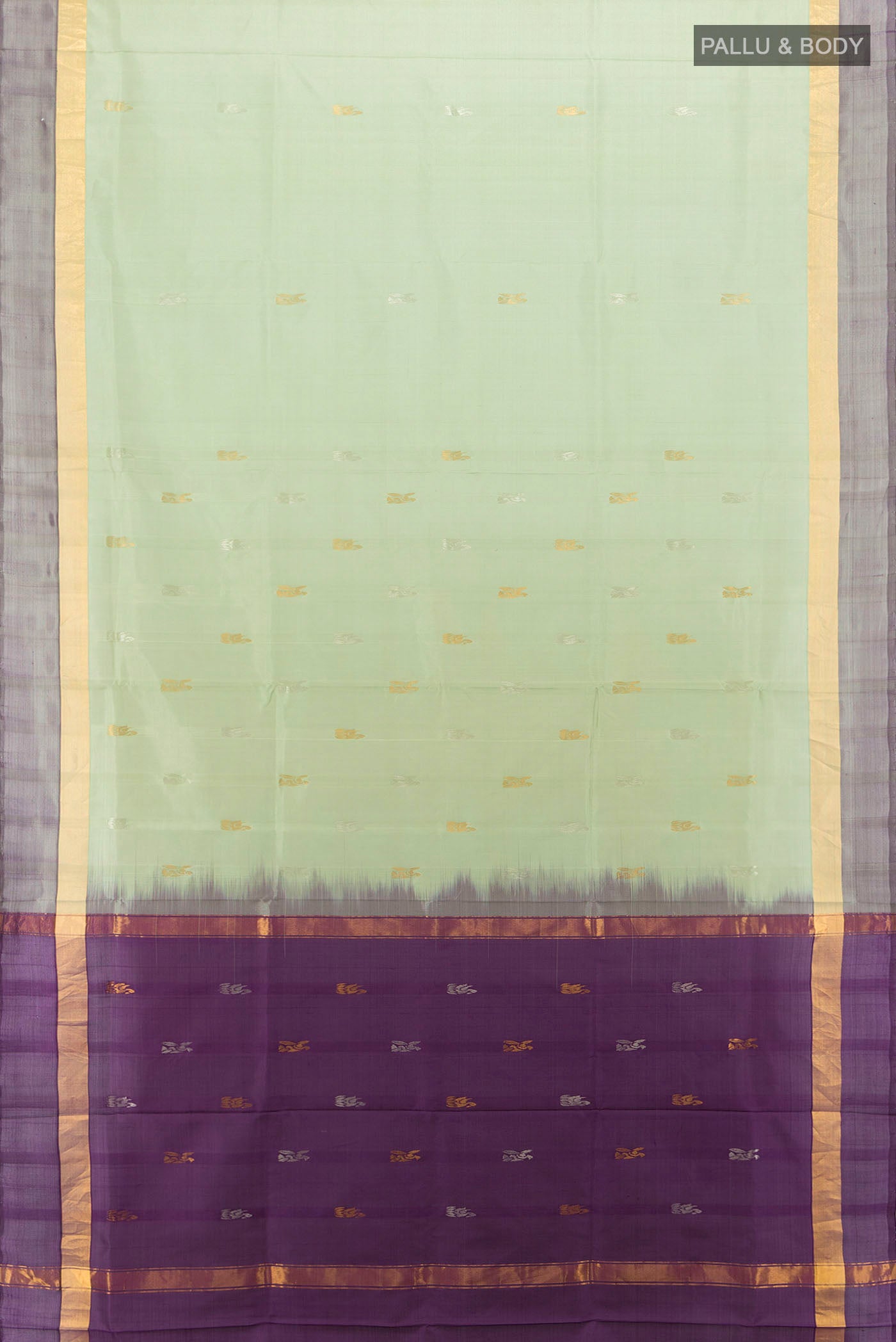 Flat view of Pista Green Uppada Silk Saree with Zari Butta on the body and Zari Border. 