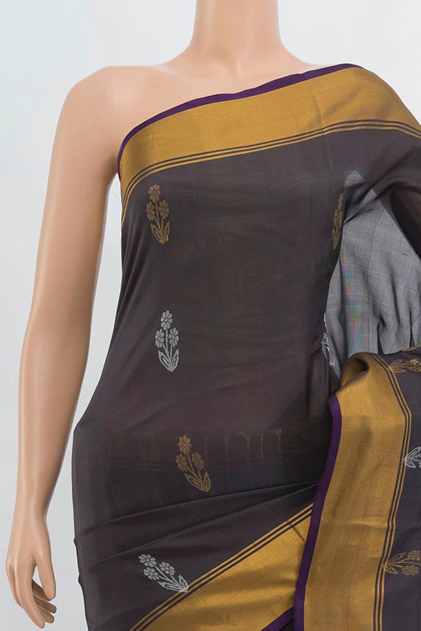 Border image of Grey Uppada Silk Saree with Zari Butta on the body and Silk Border. 