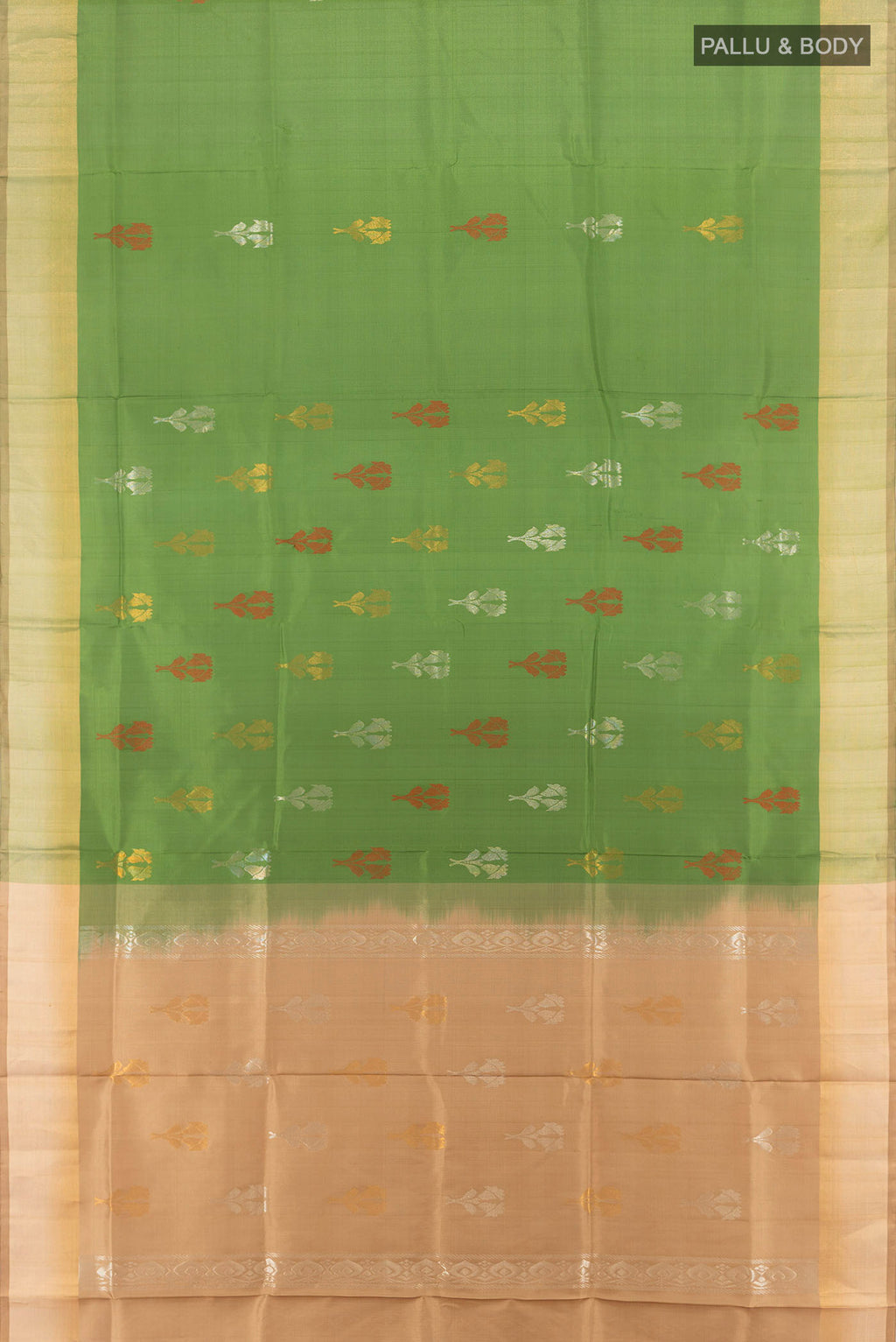 Flat view of Light Green Uppada Silk Saree with Zari Butta on the body and Silk Border. 
