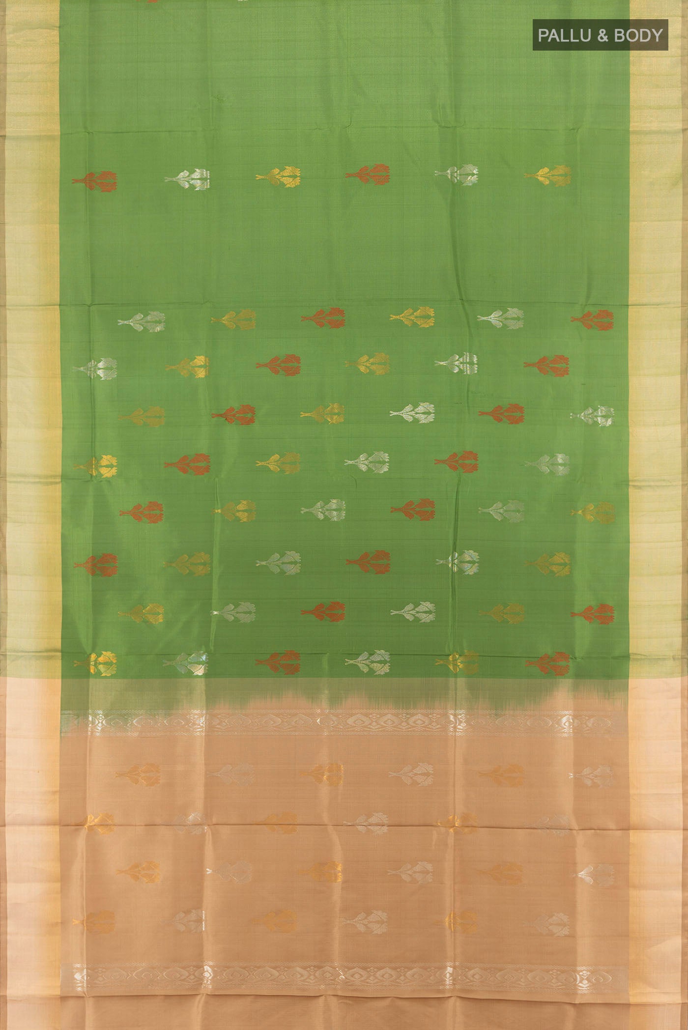 Flat view of Light Green Uppada Silk Saree with Zari Butta on the body and Silk Border. 