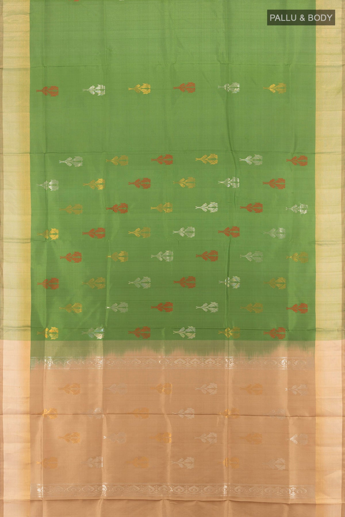 Flat view of Light Green Uppada Silk Saree with Zari Butta on the body and Silk Border. 