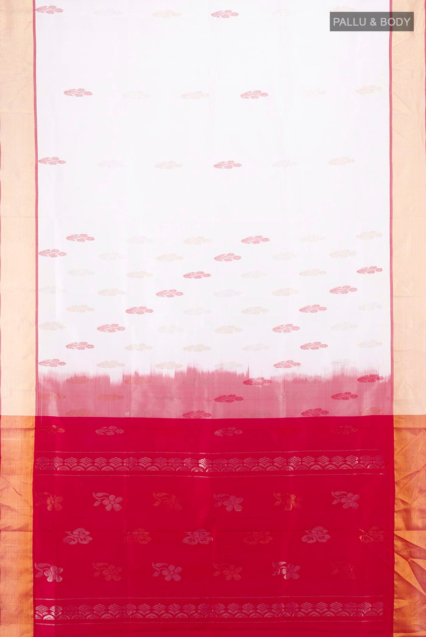 Flat view of Off White Uppada Silk Saree with Zari Butta on the body and Silk Border. 