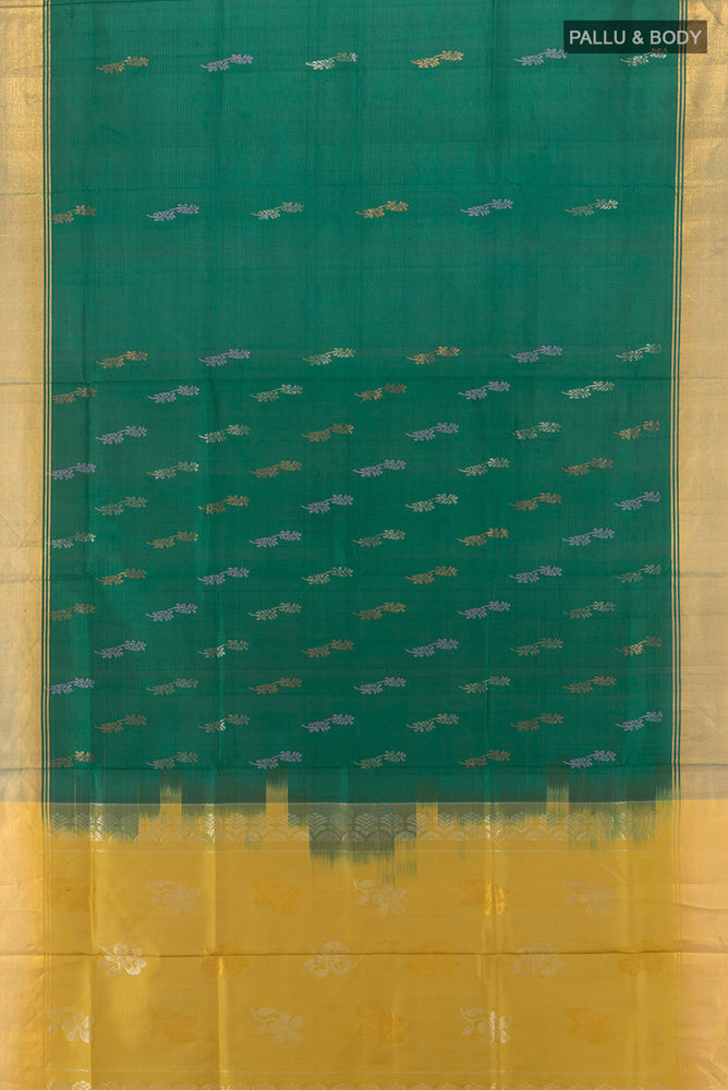 Flat view of Dark Blue Uppada Silk Saree with Zari Butta on the body and Silk Border. 