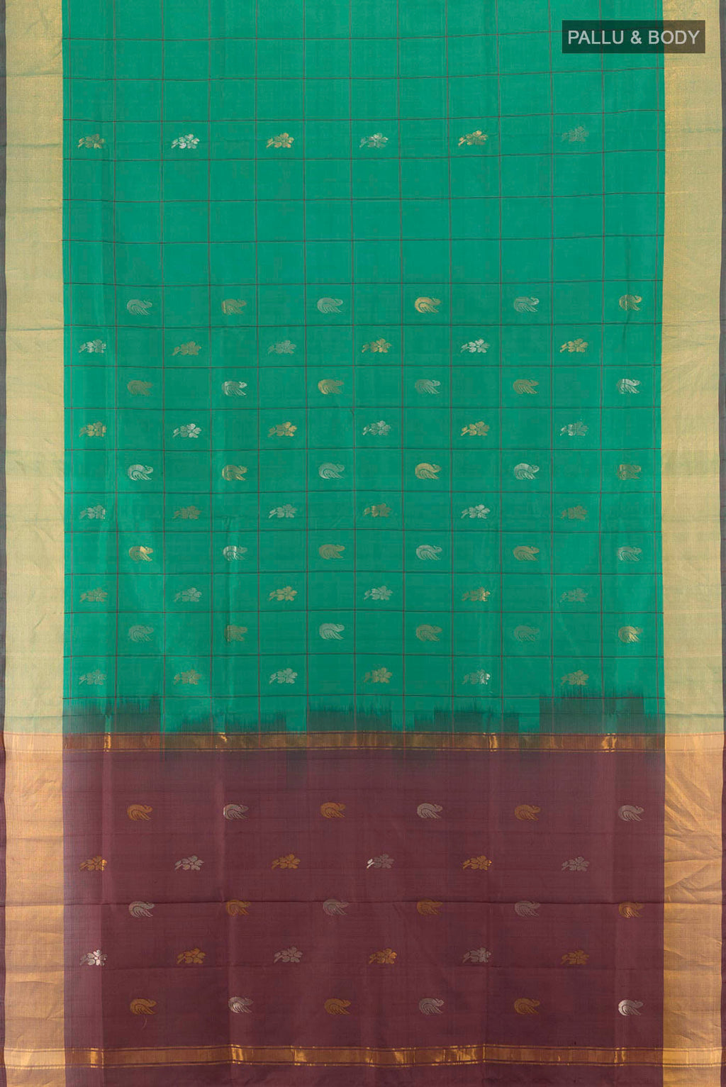 Flat view of Pure Silk Pure Zari Peacock Blue Uppada Saree with Zari Butta on the body and Silk Border. 