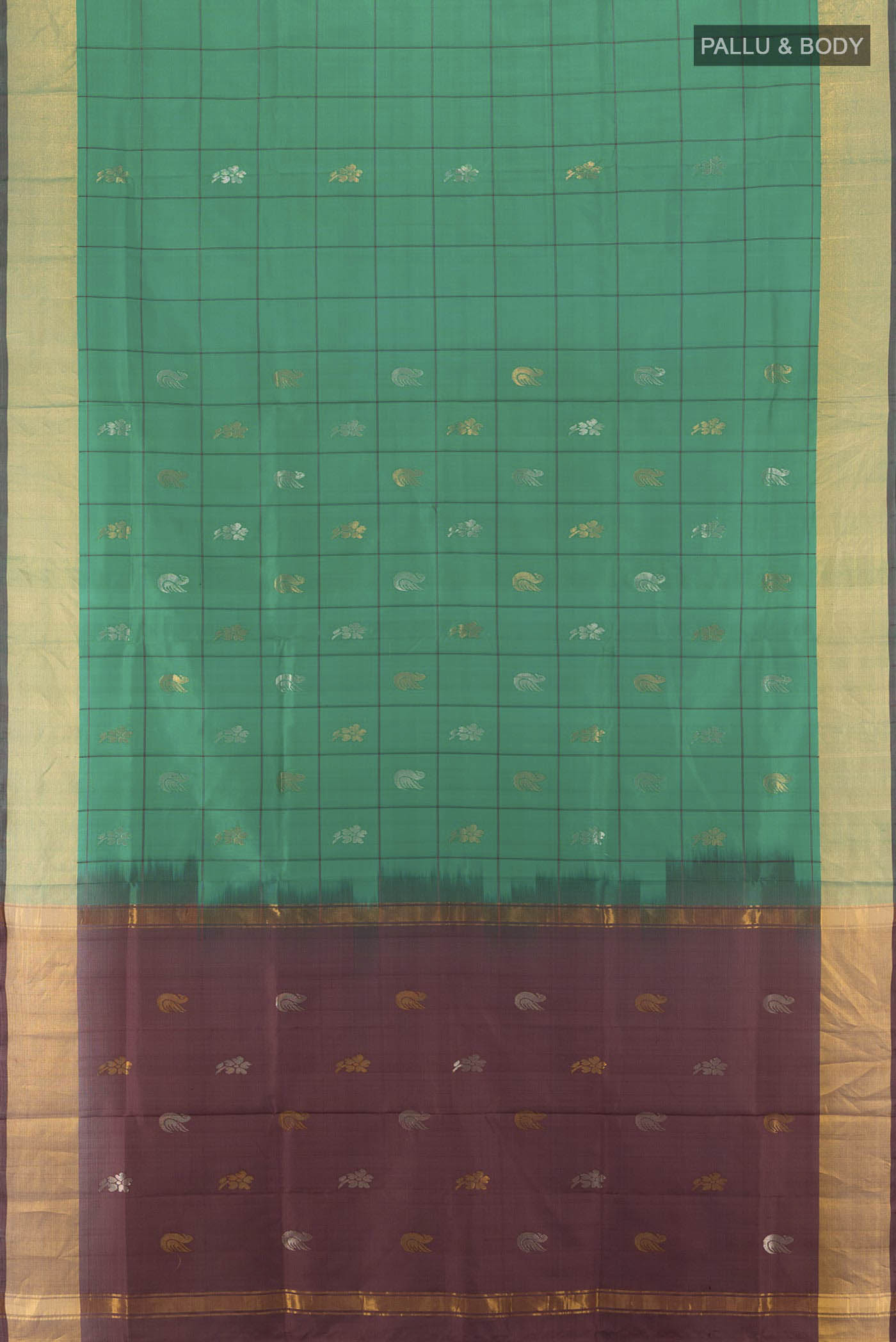 Flat view of Pure Silk Pure Zari Peacock Blue Uppada Saree with Zari Butta on the body and Silk Border. 