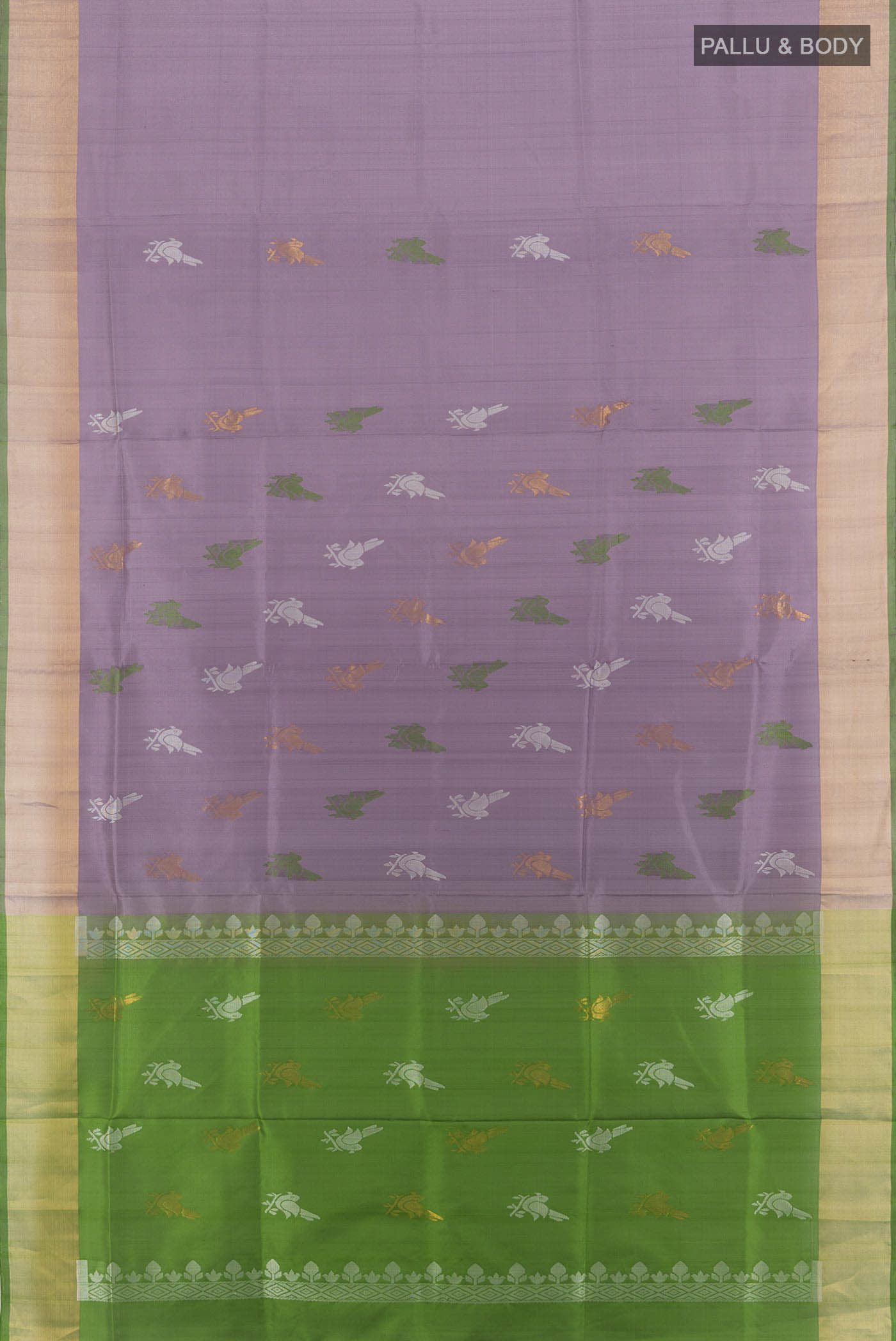 Flat view of Saffron Uppada Silk Saree with Zari Butta on the body and Silk Border. 