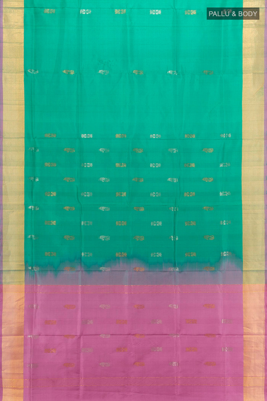 Flat view of Peacock Blue Uppada Silk Saree with Zari Butta on the body and Silk Border. 