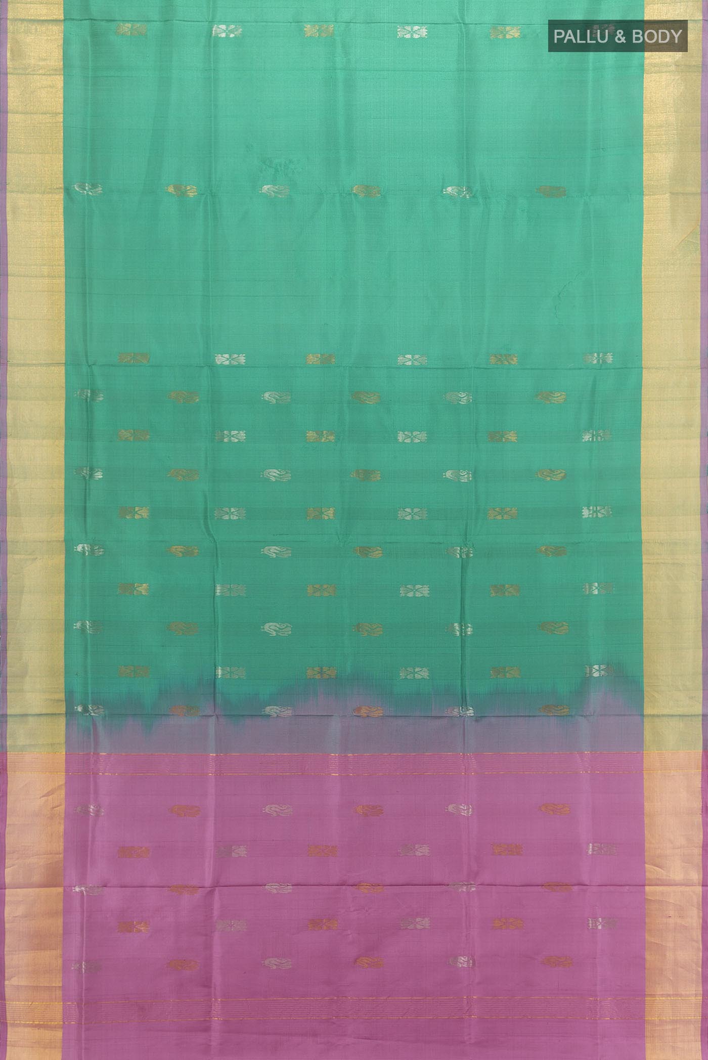 Flat view of Peacock Blue Uppada Silk Saree with Zari Butta on the body and Silk Border. 