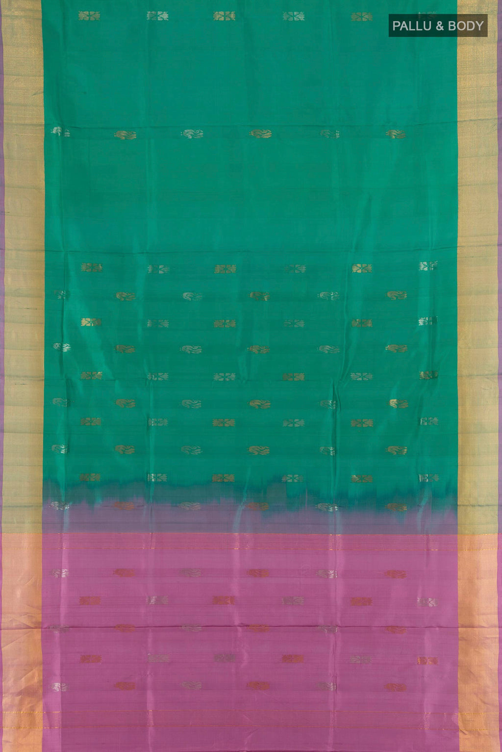 Flat view of Pure Silk Green Uppada Saree with Zari Butta on the body and Zari Border. 
