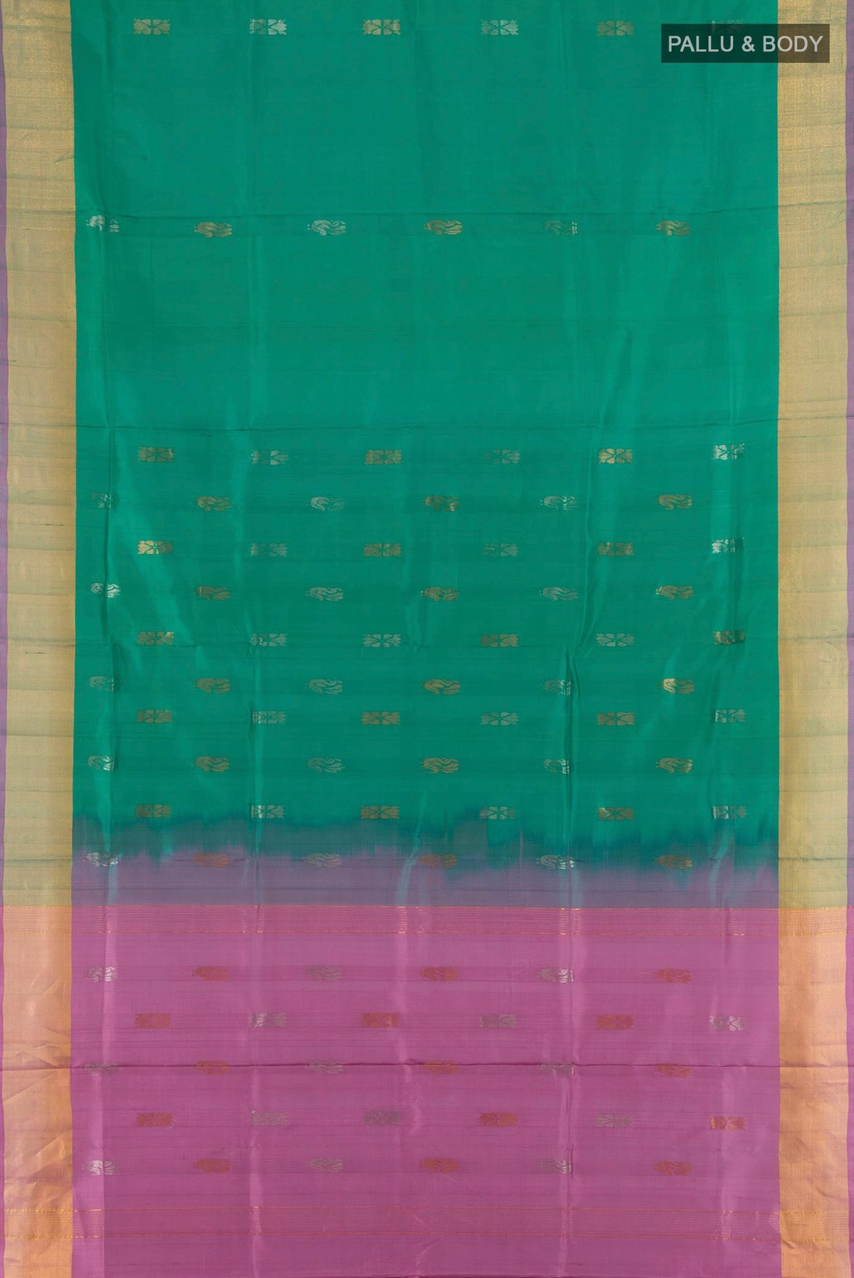 Flat view of Pure Silk Green Uppada Saree with Zari Butta on the body and Zari Border. 