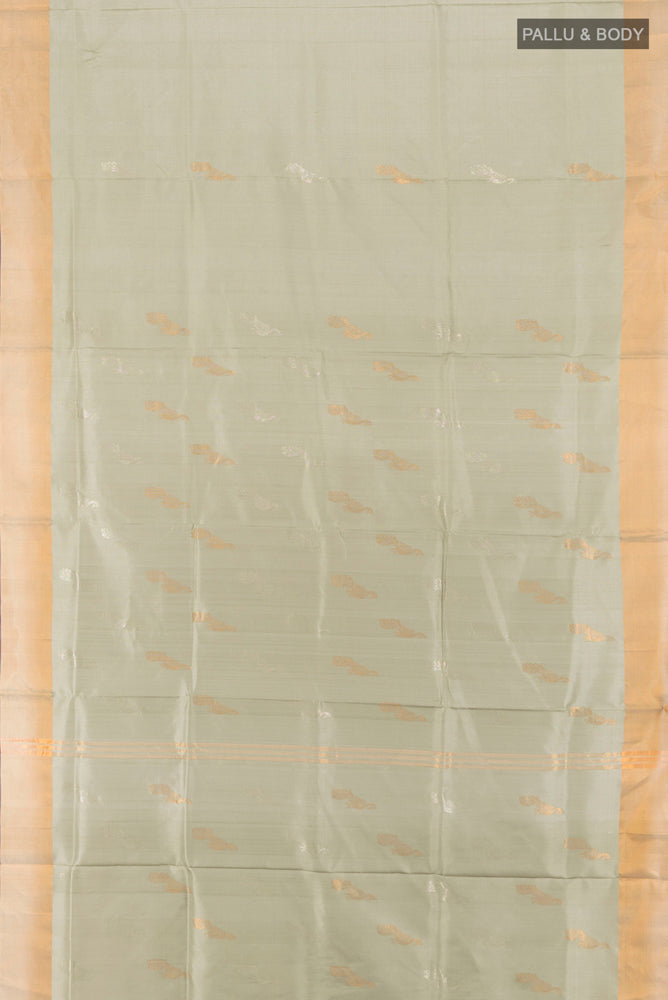 Flat view of Davys Grey Uppada Silk Saree with Zari Butta on the body and Silk Border. 