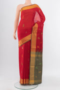 Pure Silk Pure Zari Red Soft Saree with Zari Butta on the body and Silk Border.  displayed on a mannequin