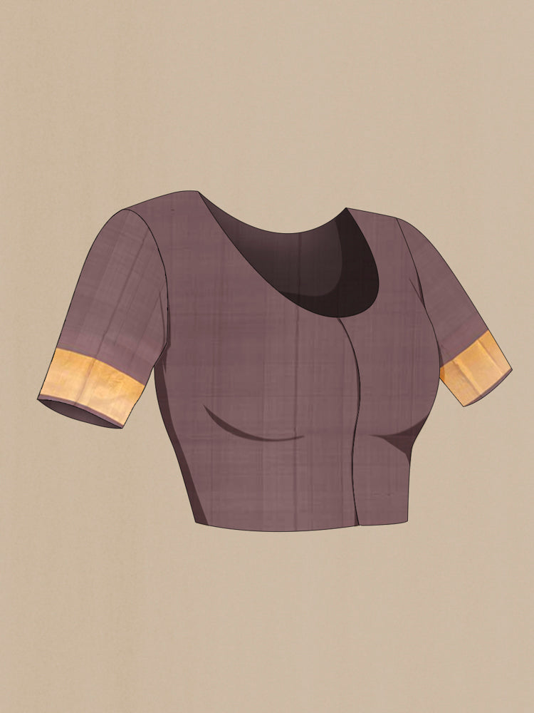Close up image of the blouse of Brown Uppada Silk Saree with Zari Butta on the body and Silk Border. 