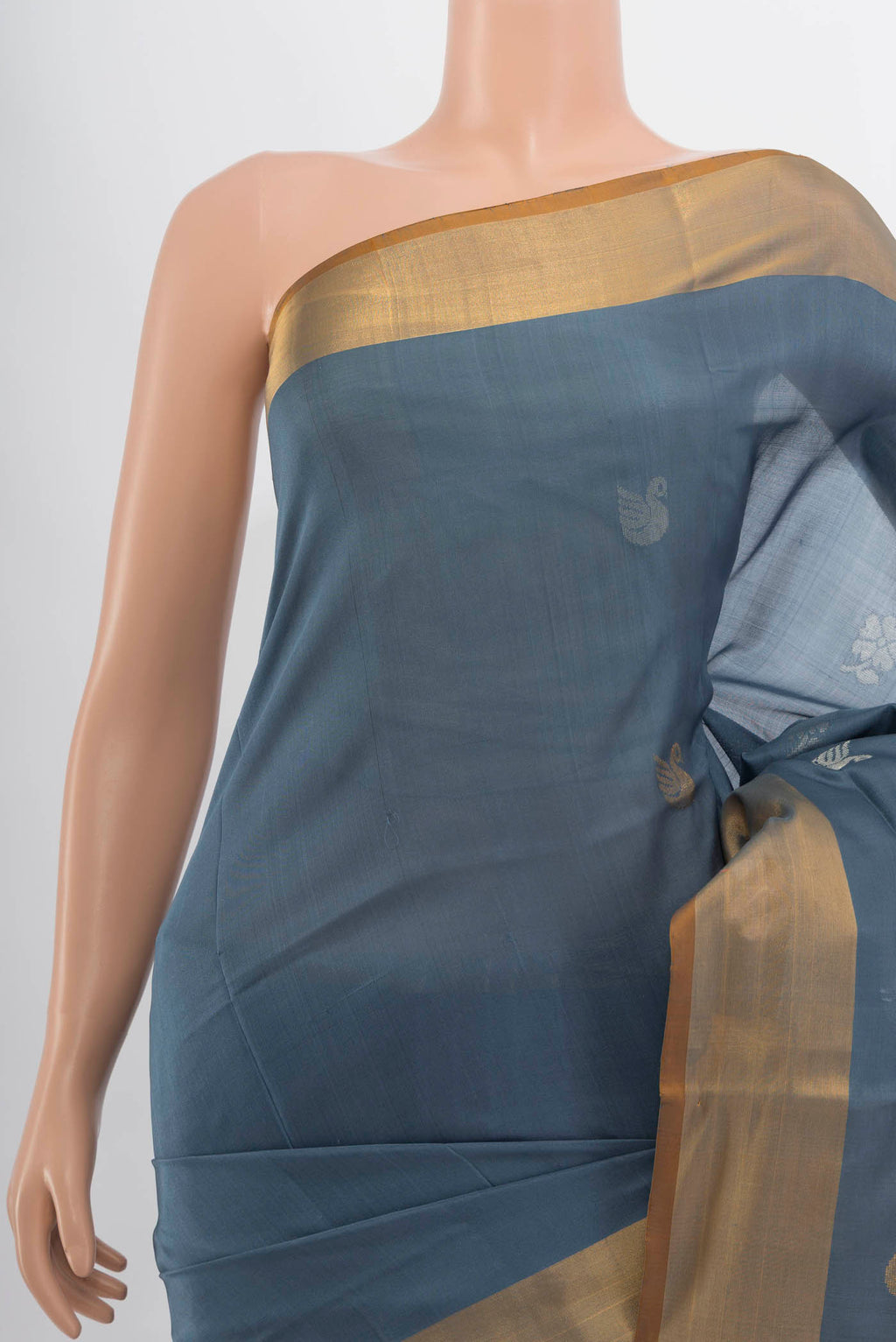 Border image of Grey Uppada Silk Saree with Zari Butta on the body and Silk Border. 