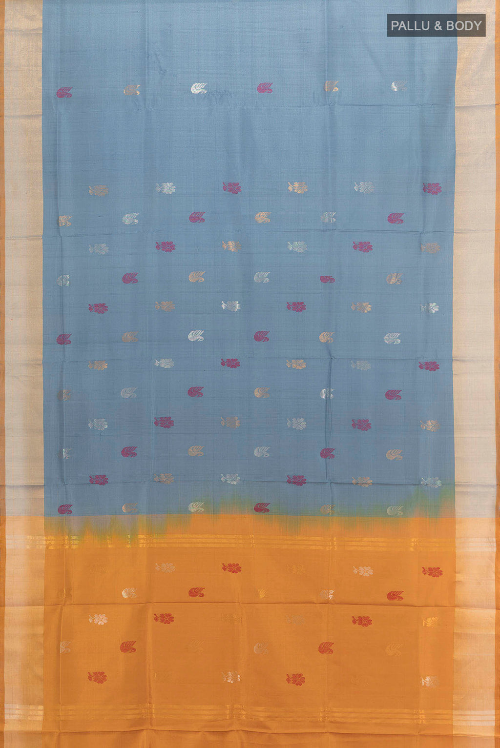 Flat view of Grey Uppada Silk Saree with Zari Butta on the body and Silk Border. 
