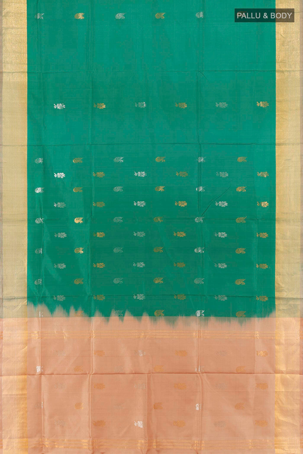 Flat view of Light Green Uppada Silk Saree with Zari Butta on the body and Silk Border. 