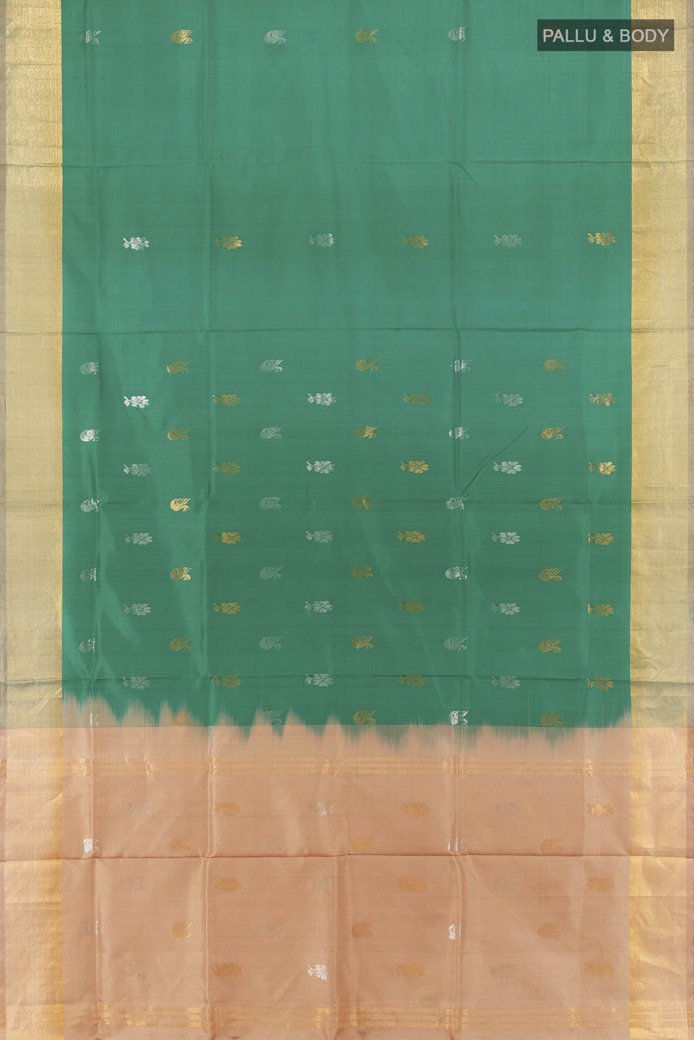Flat view of Light Green Uppada Silk Saree with Zari Butta on the body and Silk Border. 
