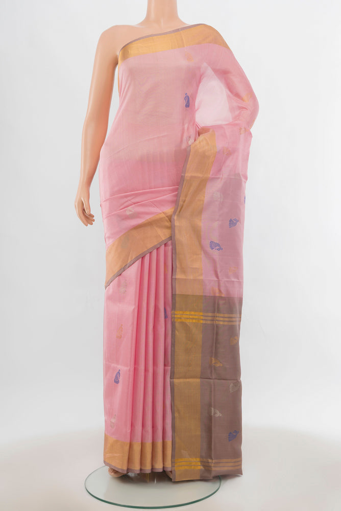 Rose pink Uppada Silk Saree with Zari Butta on the body and Silk Border.  displayed on a mannequin