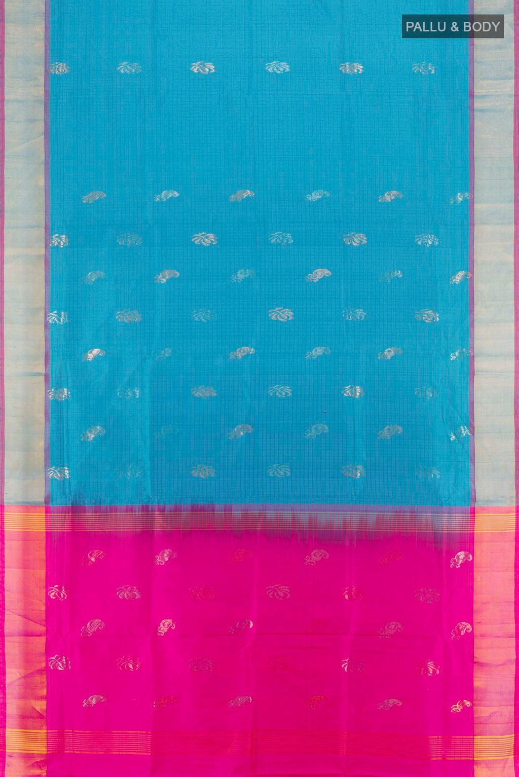 Flat view of Light Blue Uppada Silk Saree with Zari Butta on the body and Silk Border. 