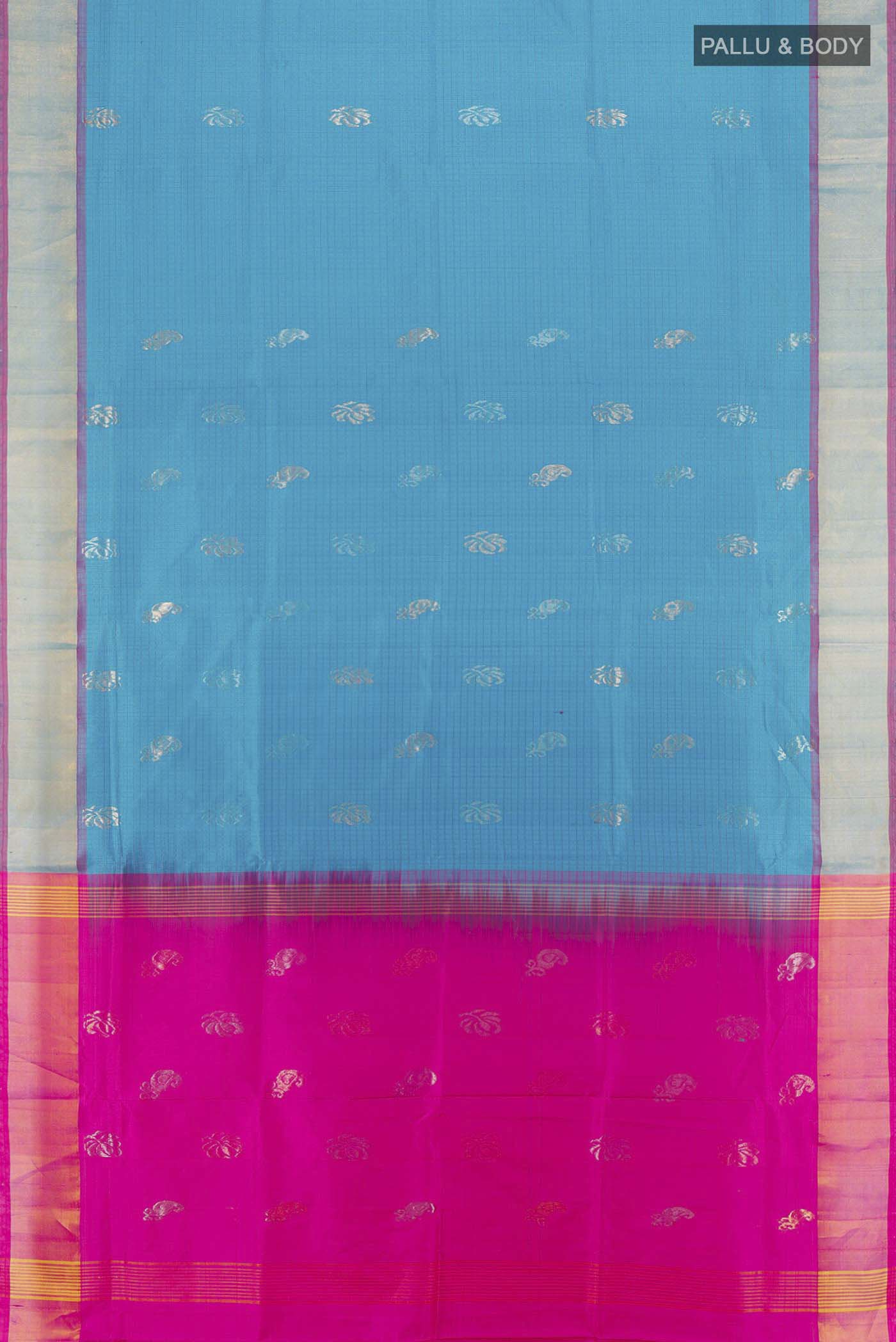 Flat view of Light Blue Uppada Silk Saree with Zari Butta on the body and Silk Border. 