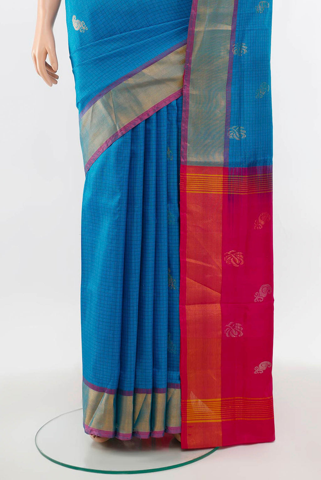 Pleats and pallu of Light Blue Uppada Silk Saree with Zari Butta on the body and Silk Border. 