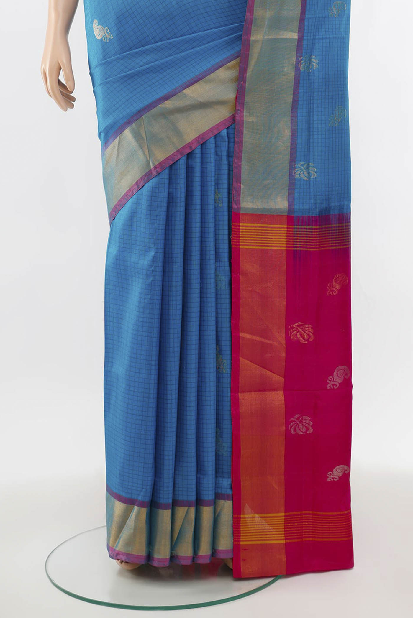 Pleats and pallu of Light Blue Uppada Silk Saree with Zari Butta on the body and Silk Border. 