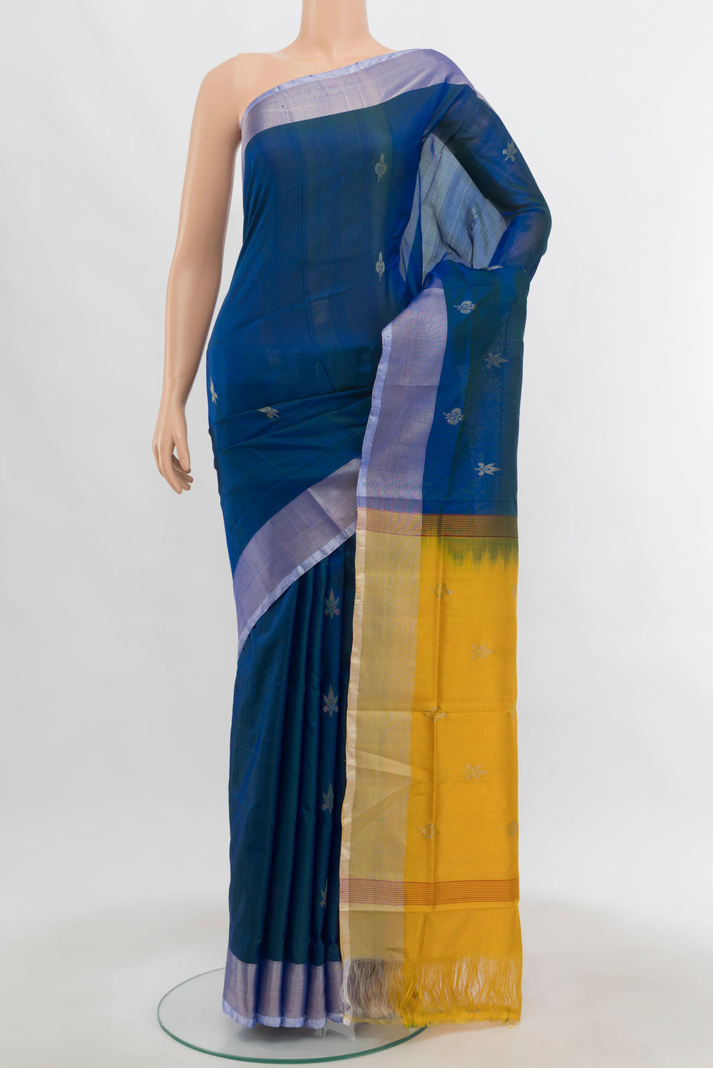 Dark Blue Uppada Silk Saree with Zari Butta on the body and Zari Border.  displayed on a mannequin
